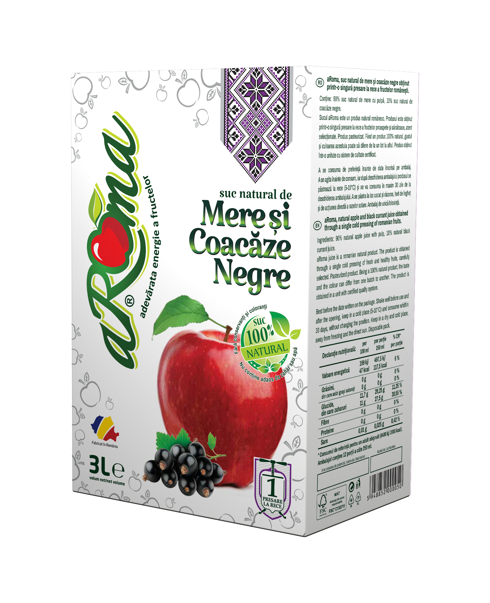 Pachet 3 cutii suc natural de mere și coacăze negre 3L (9L)