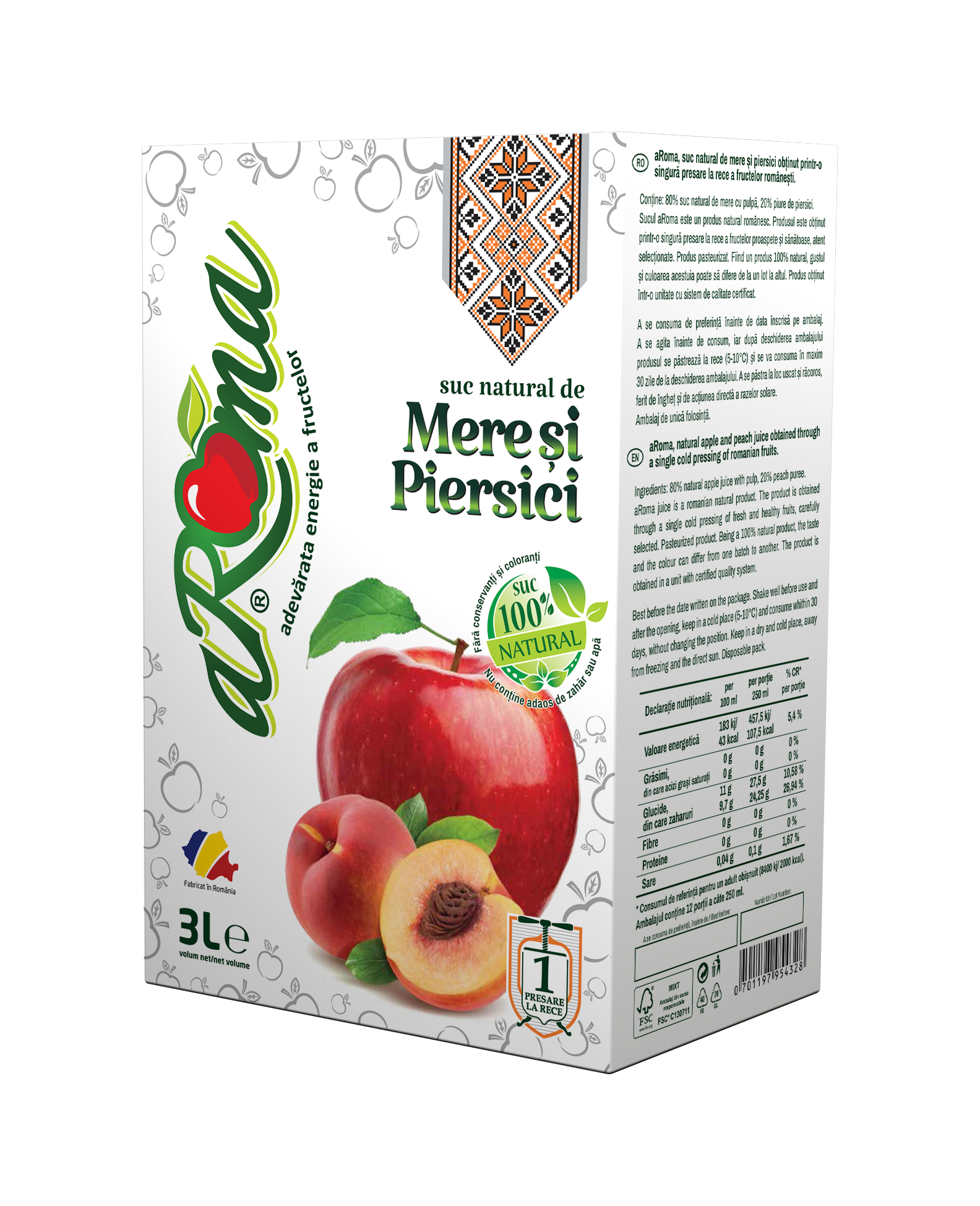 Pachet 3 cutii suc natural de mere și piersici 3L (9L)