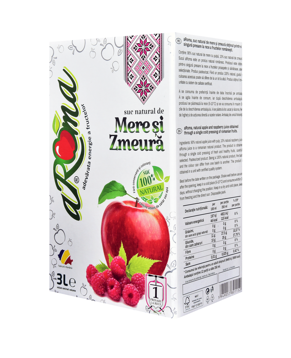 Pachet 5 cutii suc natural de mere și zmeură 3L (15L)