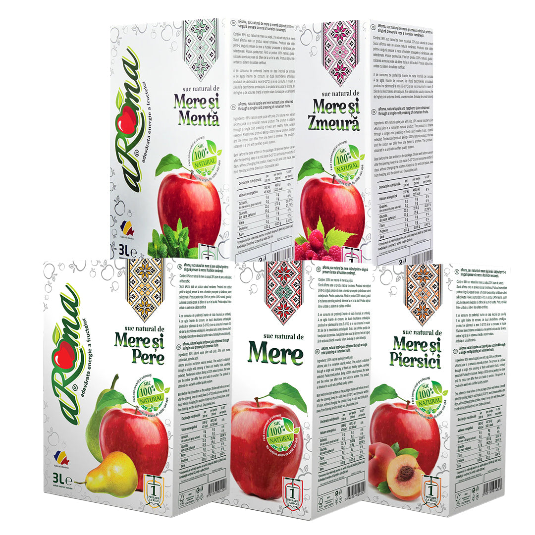 Pachet mixt 5 cutii (15L) — Mere, mentă, zmeură, piersici și pere