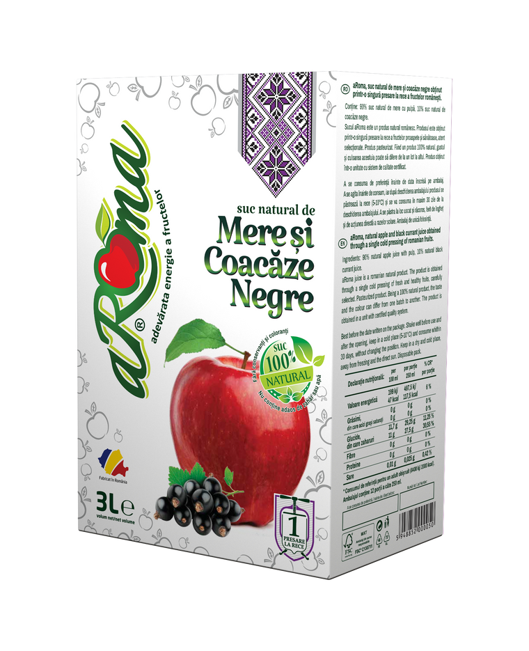 Pachet 3 cutii suc natural de mere și coacăze negre 3L (9L)