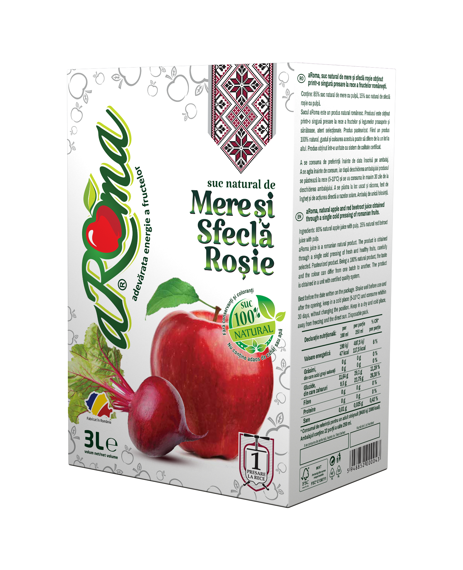 Pachet 3 cutii suc natural de mere și sfeclă roșie 3L (9L)