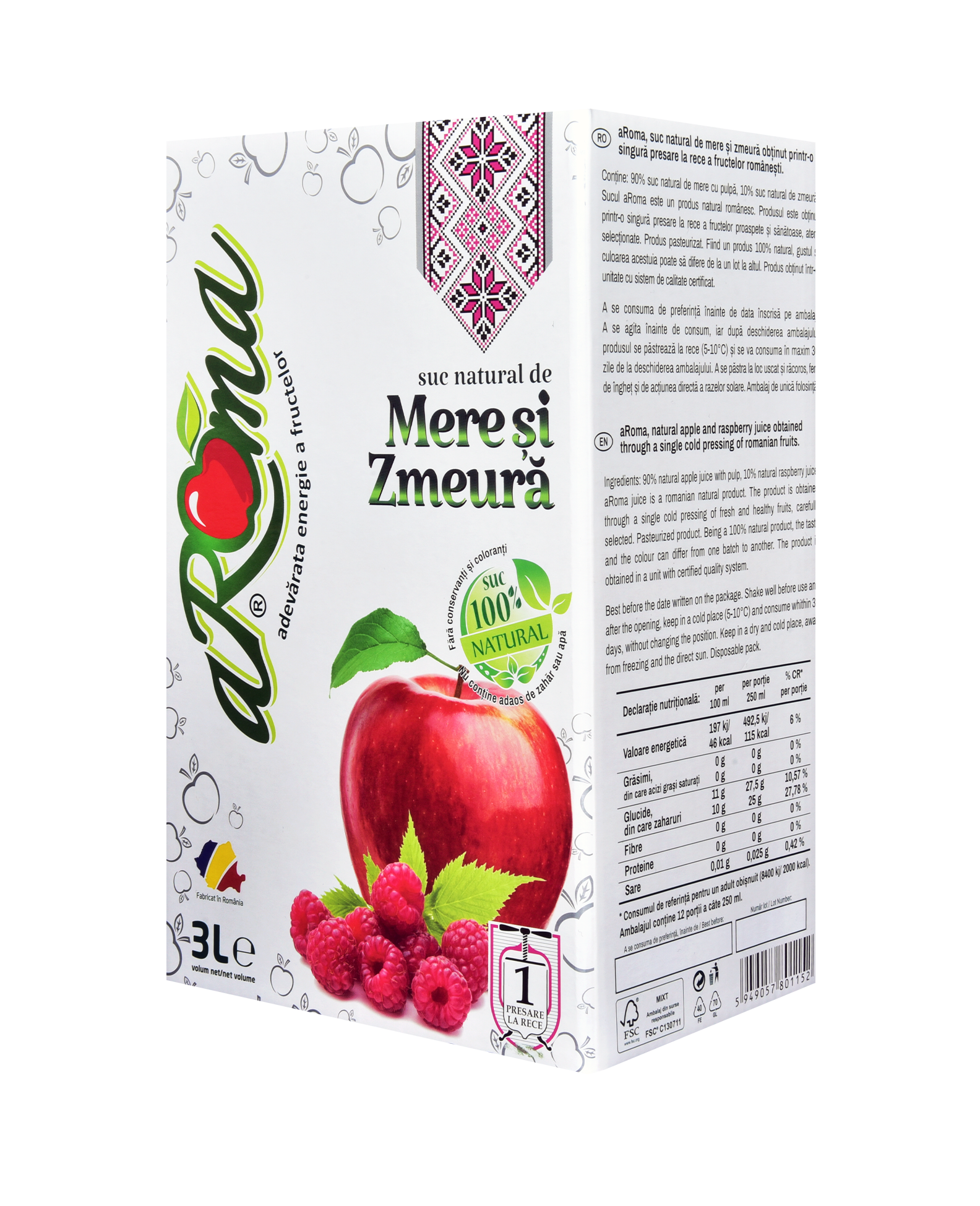 Pachet 3 cutii suc natural de mere și zmeură 3L (9L)