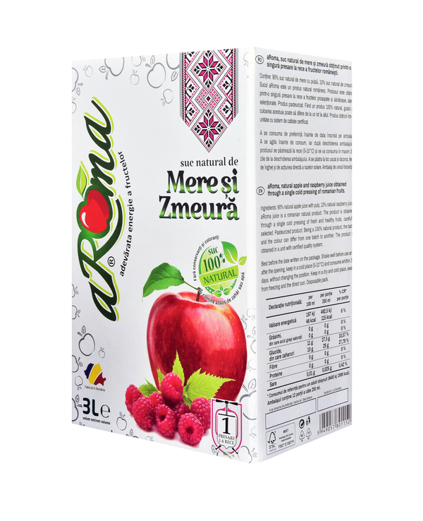Pachet 5 cutii suc natural de mere și zmeură 3L (15L)