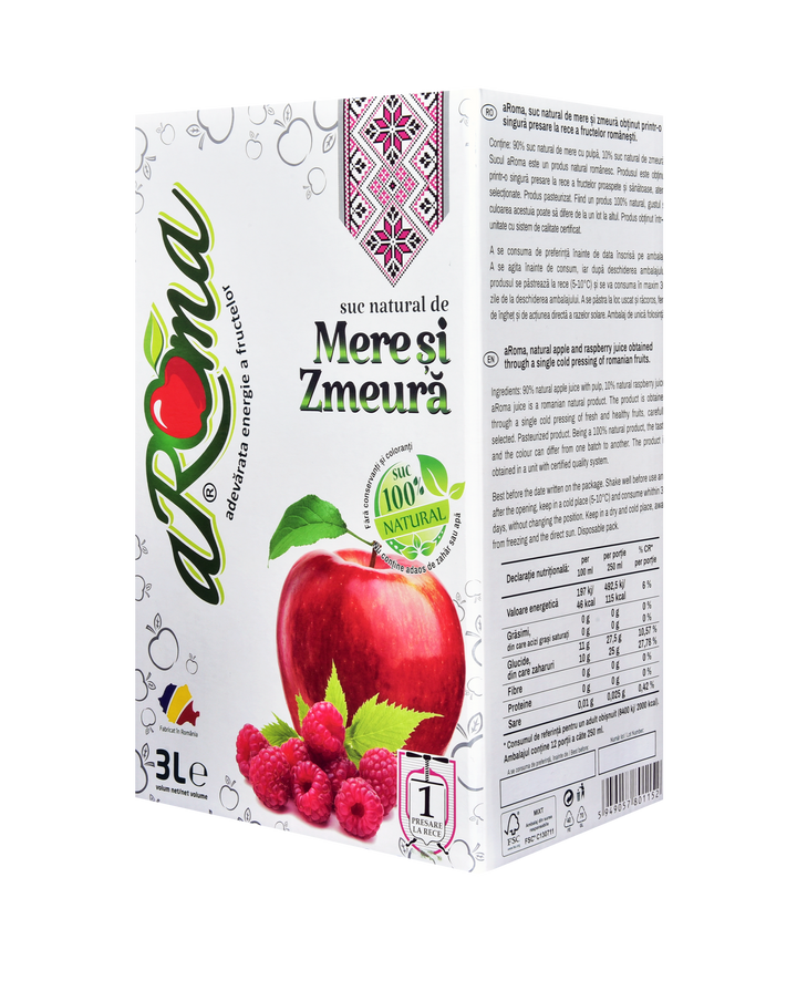 Pachet 5 cutii suc natural de mere și zmeură 3L (15L)