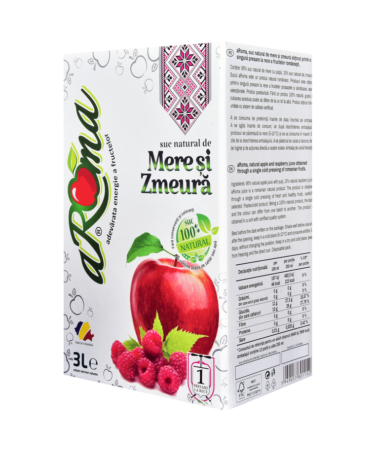 Pachet 5 cutii suc natural de mere și zmeură 3L (15L)